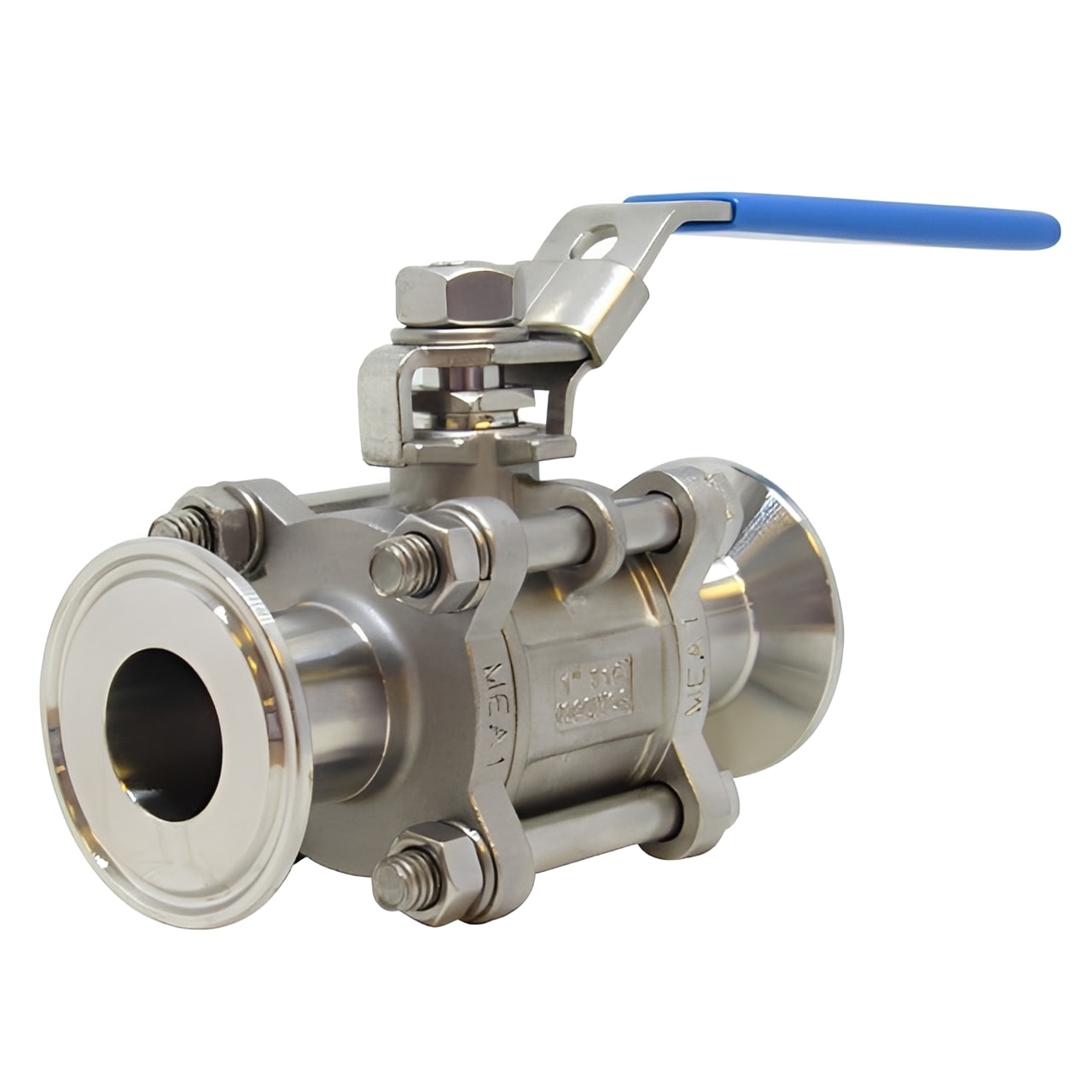 316L Stainless Steel Hygienic Ball Valve - Sanitary Clamp Ends with polished finish and a blue handle for easy operation.