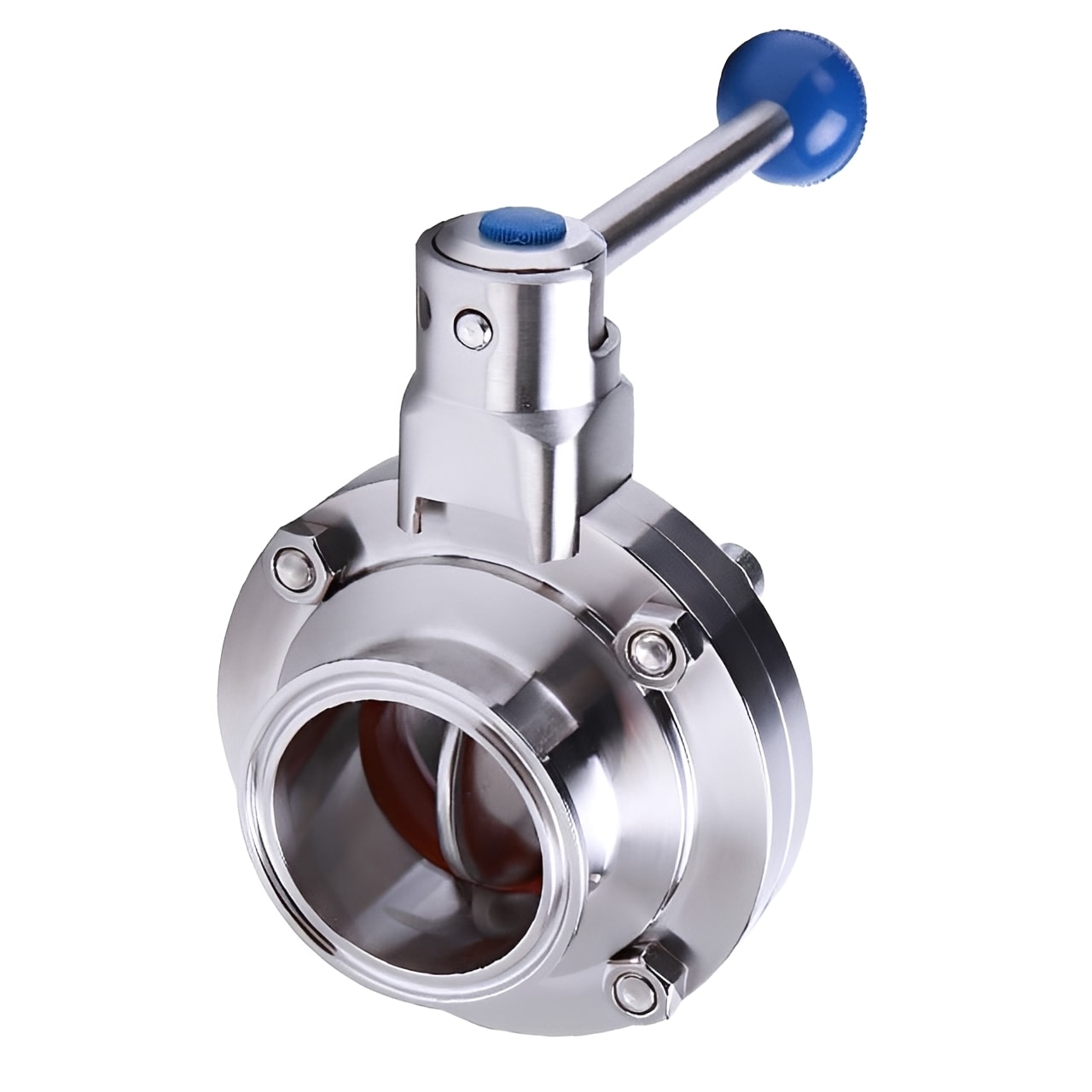 Hygienic 304 Stainless Steel Butterfly Valve - Clamp Ends EPDM with a manual handle for fluid control.