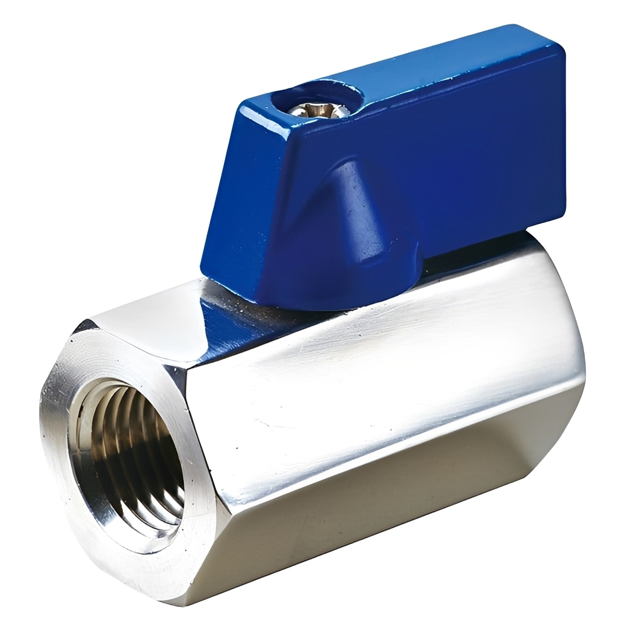 Stainless Steel Mini Ball Valve Female x Female PN63 BSPP with blue handle for precise fluid control.