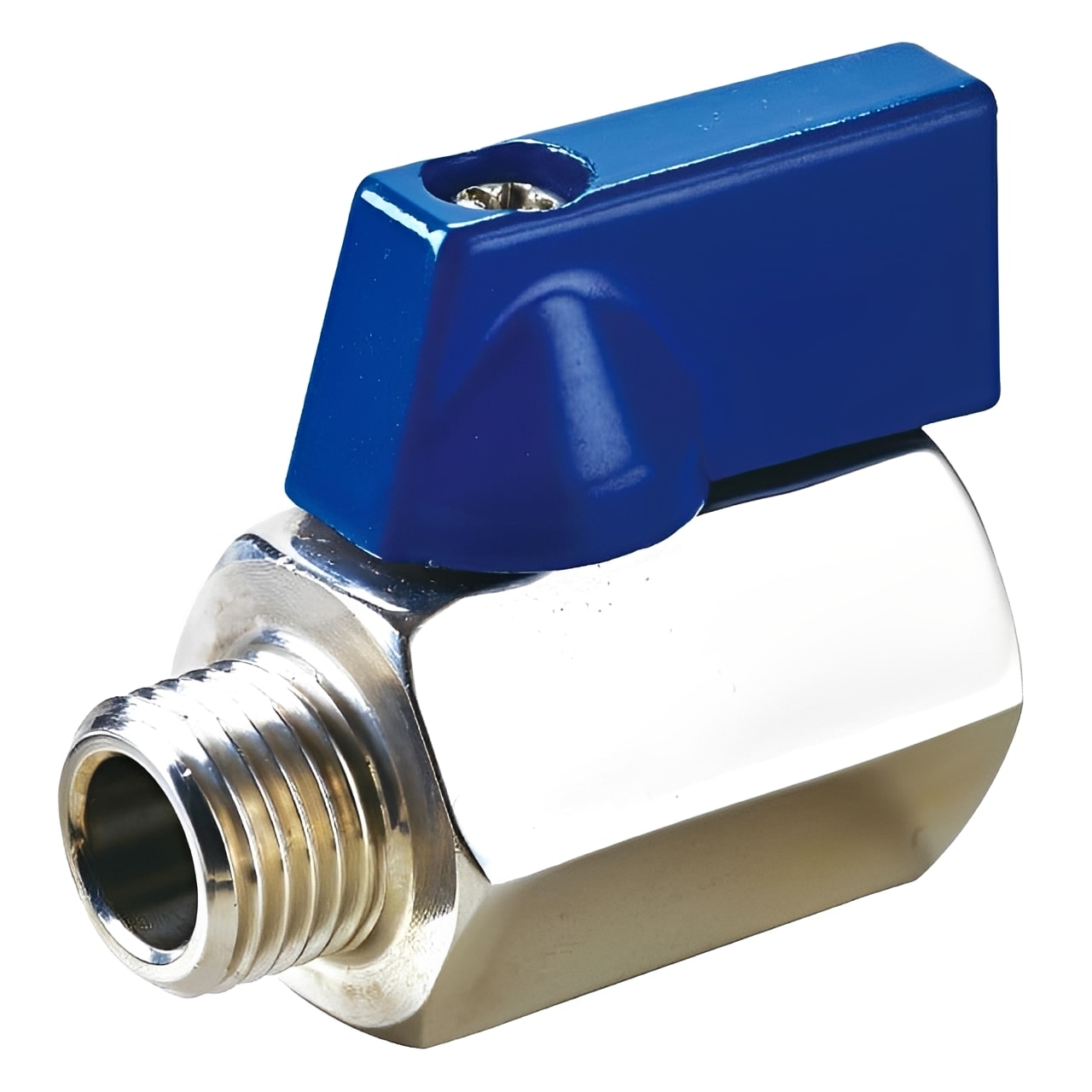 316 Stainless Steel Mini Ball Valve - Male x Female BSPP with blue handle for precise flow control.