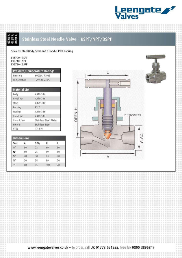 Stainless Steel Needle Valve - BSPP Screwed 6000psi specifications and dimensions chart.