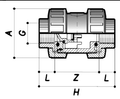PVC Threaded Double Union Air Release Valve - FPM Seals technical drawing showing dimensions and components.