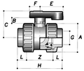 Standard Ball Valve - Double Union PTFE Seat EPDM Seals diagram with dimensions and labeled parts