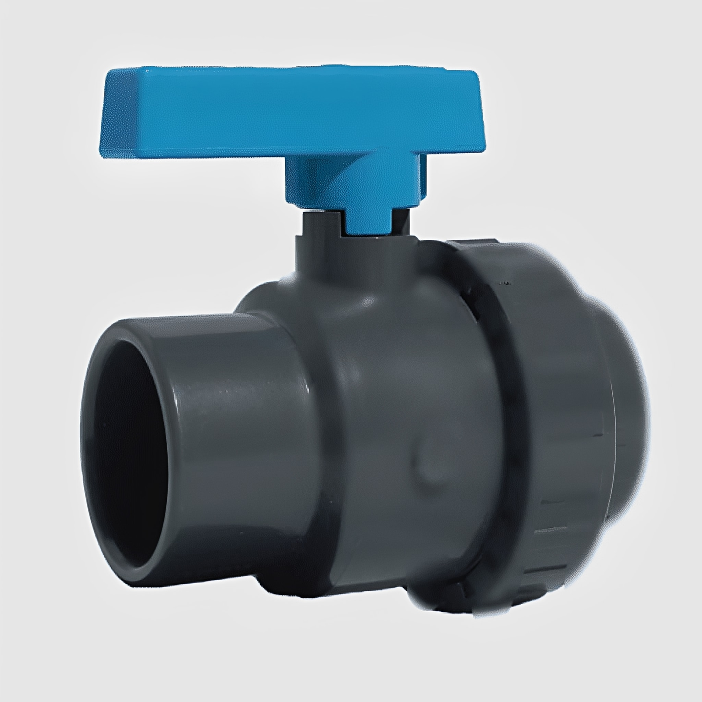 PVC Standard Ball Valve - Single Union Plain Ends - PTFE/EPDM with blue handle and plain ends.