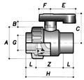 Diagram of PVC Standard Ball Valve Single Union Threaded Imperial with labeled dimensions.