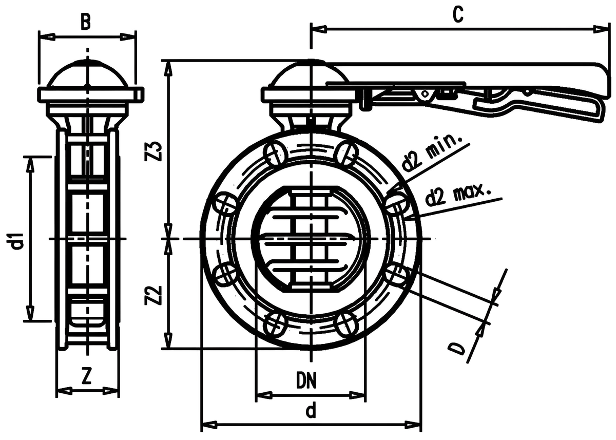 Standard PVC Butterfly Valve - EPDM Liner & Stainless Steel Shaft technical drawing and dimensions