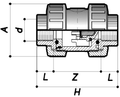 PVC Double Union Foot Valve - EPDM Seals Threaded Ends technical diagram showing dimensions and internal design.