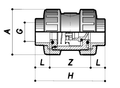 PVC Double Union Spring Check Non Return Valve - EPDM Seals technical drawing with dimensions and design details.