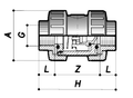 Diagram of PVC Double Union Spring Check Non Return Valve - EPDM Seals showcasing dimensions and internal mechanism.