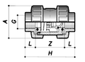 PVC Double Union Spring Check Non Return Valve - FPM Seals technical diagram with measurements.