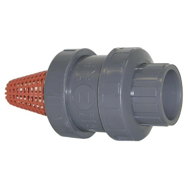 PVC Metric Double Union Spring Foot Valve Strainer EPDM Seal for efficient sediment resistance in pipe systems.