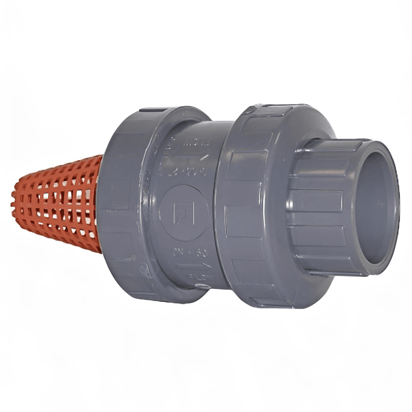 PVC Threaded Double Union Spring Foot Valve Strainer EPDM with red strainer mesh for sediment protection.