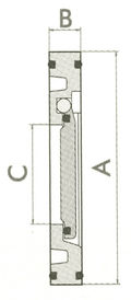 Standard Wafer Type Check Valve - PVC With Spring EPDM Seal technical drawing with dimensions A, B, and C labeled.