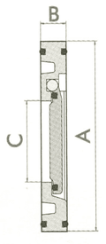 Diagram of PVC Imperial Wafer Check Valve with Spring and FPM Seal, showing dimensions A, B, and C.