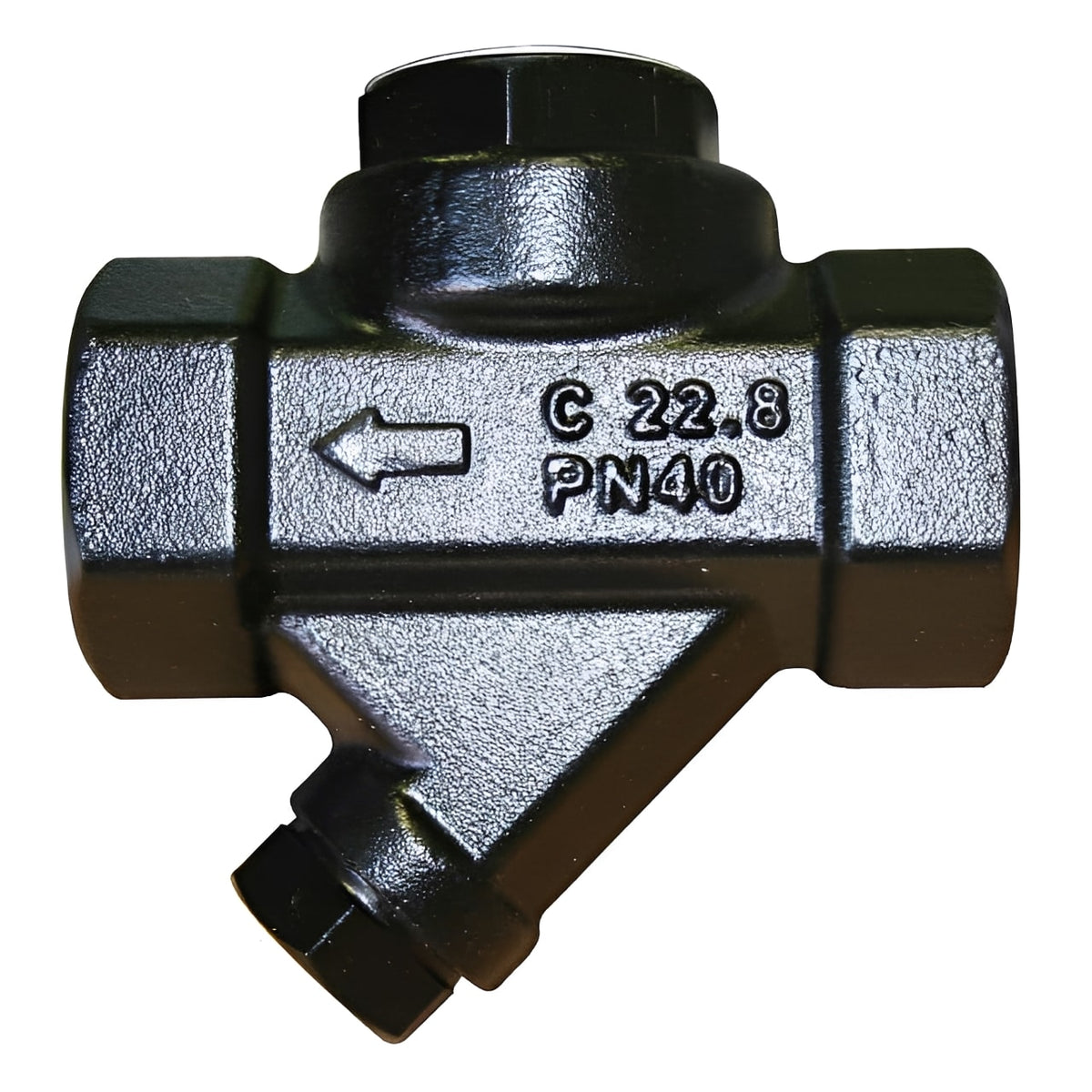 Thermodynamic Steam Trap with Air Vent - BSPP Forged Steel displayed from the side, showcasing the black finish and specifications.
