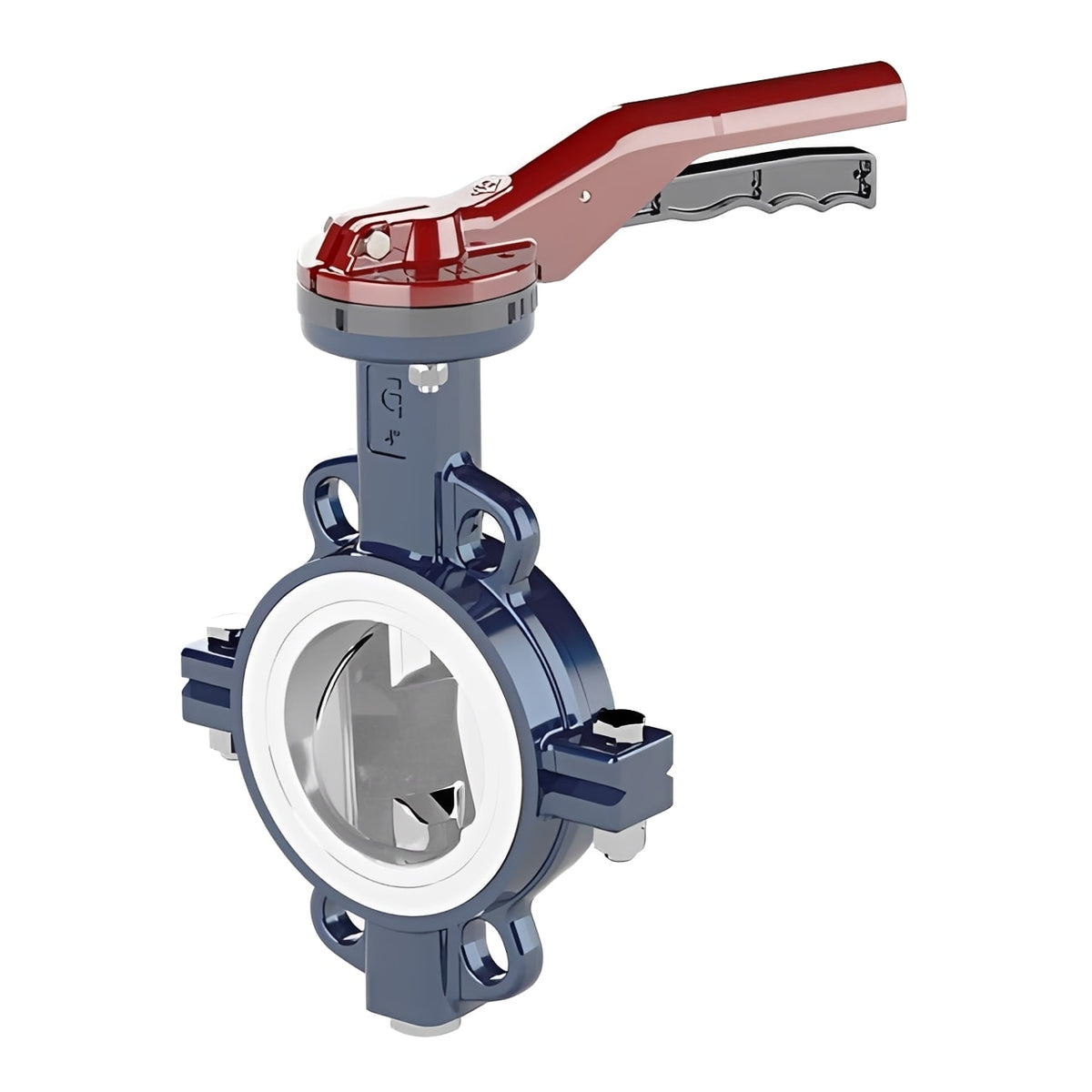 Wafer Butterfly Valve - Ductile Iron, PTFE Liner, SS Disc with a red handle and epoxy-coated body.