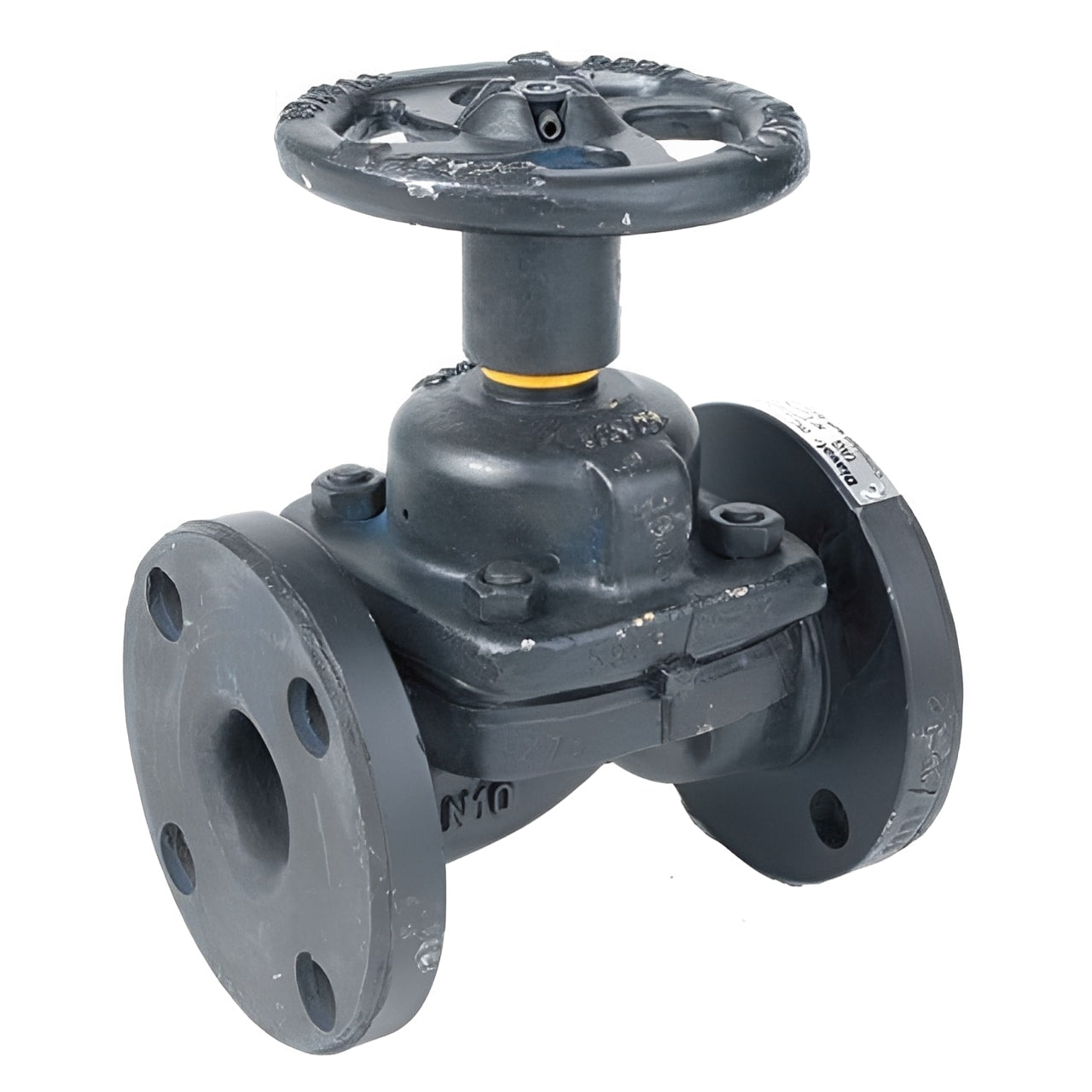 Weir Type Diaphragm Valve - Unlined Flanged PN16 shown from the side, highlighting the flanged installation for industrial use.